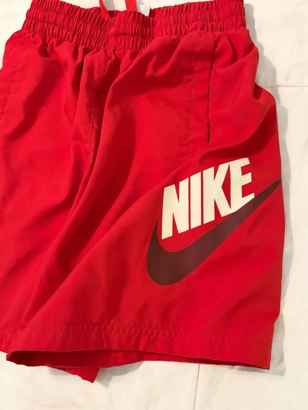 Nike Boys Large Red Swim Trunks Logo Swoosh Mesh Lined Drawstring Shorts Swim